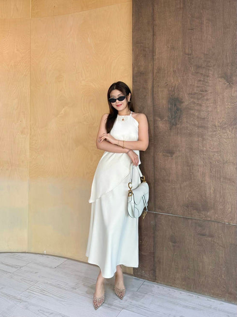 Ladies Asymmetrical Sleeves Back Tie Tops Witj A-Line Skirts